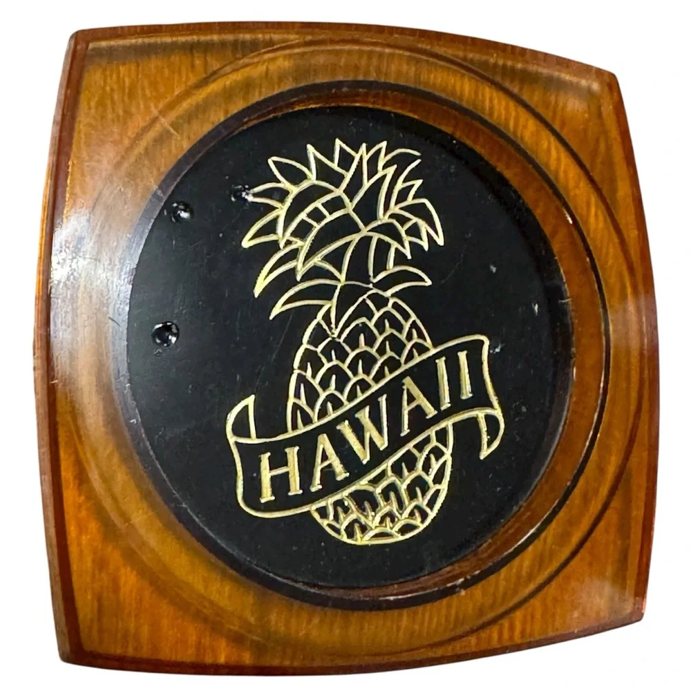 Vtg Hawaii Plastic Coaster Set 4pc MCM Souvenir Brown Made in Hong Kong